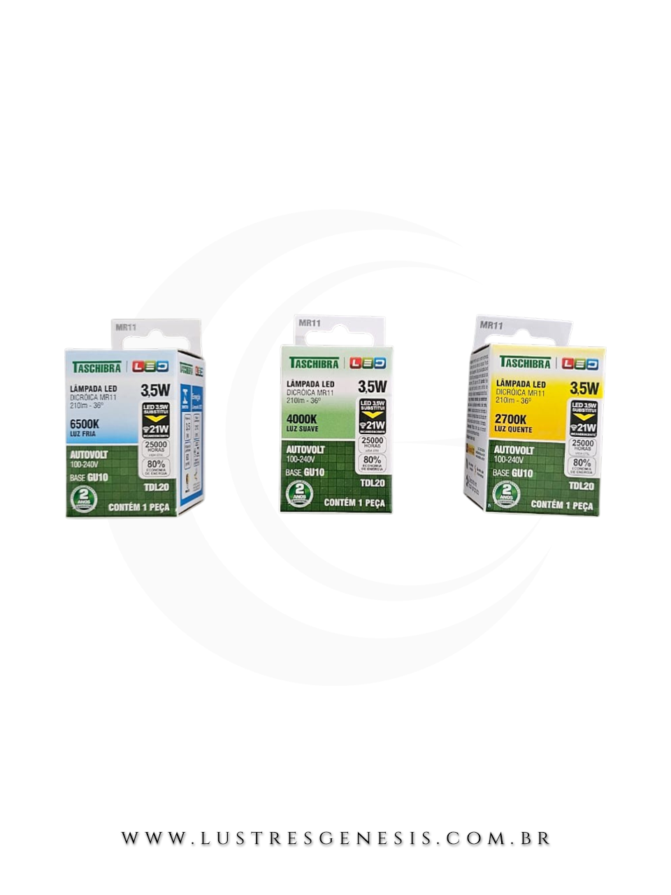 Caixas da L&acirc;mpada Mini Dicroica MR11 GU10 3.5W LED Taschibra nas vers&otilde;es branco quente, frio e neutro